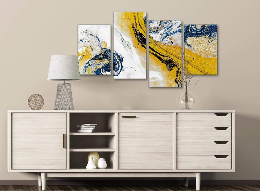 Large Mustard Yellow and Blue Swirl Abstract Bedroom Canvas Pictures Decor - 4469 - 130cm Set of Prints