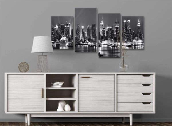 Large New York Hudson River Skyline Canvas Art Prints - Landscape - 4435 Black White Grey - 130cm Set of Pictures