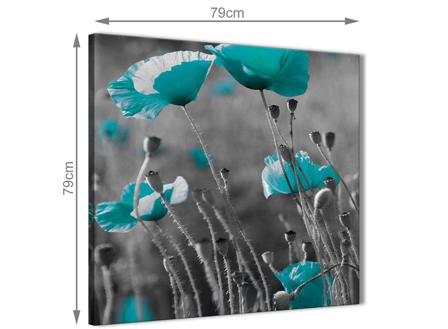 Large Teal Poppy Grey Poppies Flower Floral Abstract Bedroom Canvas Wall Art Accessories 1s139l - 79cm Square Print