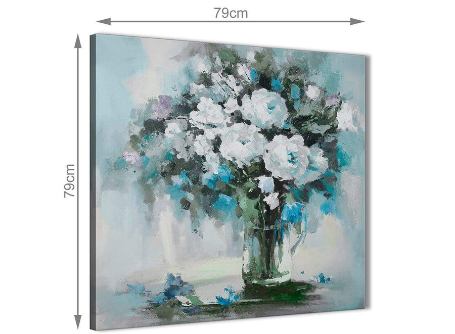 Large Teal White Flowers Painting Abstract Living Room Canvas Wall Art Decorations 1s440l - 79cm Square Print