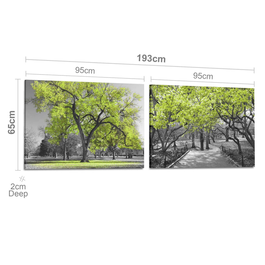 Lime Green Grey Black Canvas Wall Art - Trees Leaves Blossom - Set of 2 Pictures