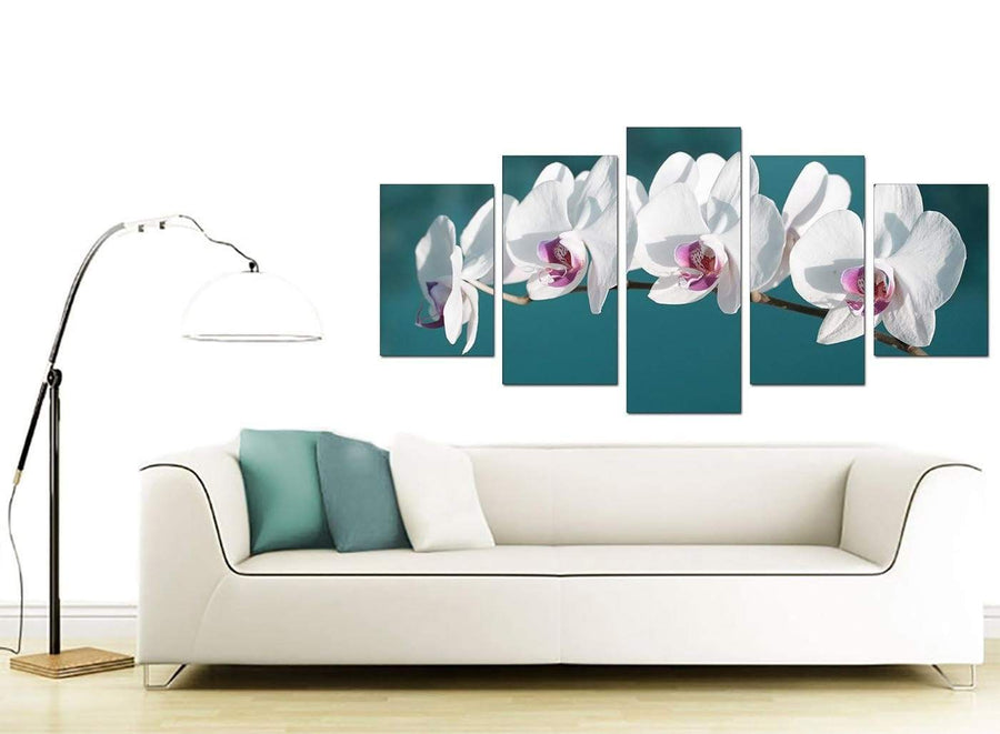 Teal White Orchid Flower Branch Floral Canvas