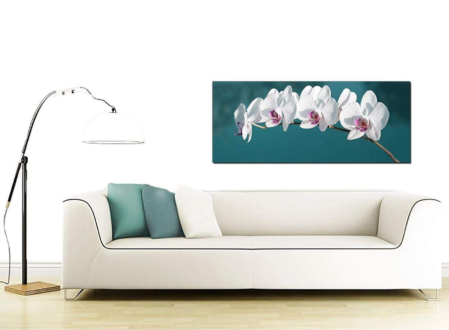 Teal White Orchid Flower Branch Floral Canvas