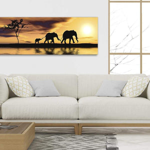 Modern African Sunset Elephants Canvas Wall Art - Animal - 1479 Mustard Yellow - 120cm Wide Print