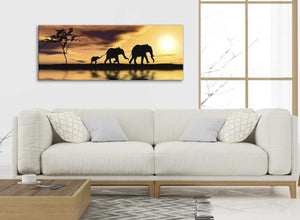 Modern African Sunset Elephants Canvas Wall Art - Animal - 1479 Mustard Yellow - 120cm Wide Print