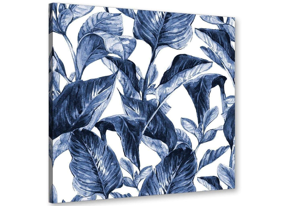 Modern Indigo Navy Blue White Tropical Leaves Canvas Modern 79cm Square 1S320L For Your Dining Room