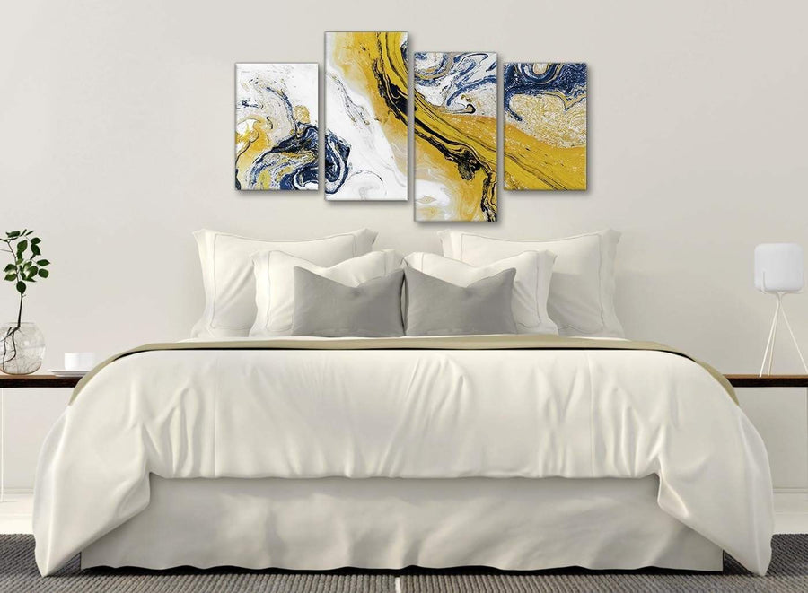 Modern Large Mustard Yellow and Blue Swirl Abstract Bedroom Canvas Pictures Decor - 4469 - 130cm Set of Prints