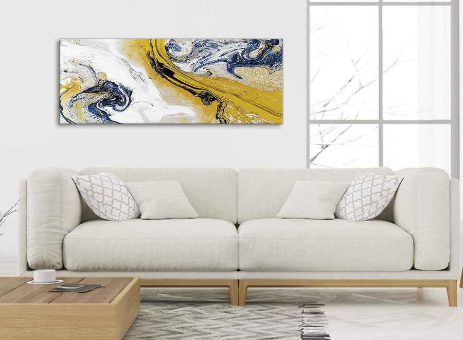 Modern Mustard Yellow and Blue Swirl Living Room Canvas Wall Art Accessories - Abstract 1469 - 120cm Print