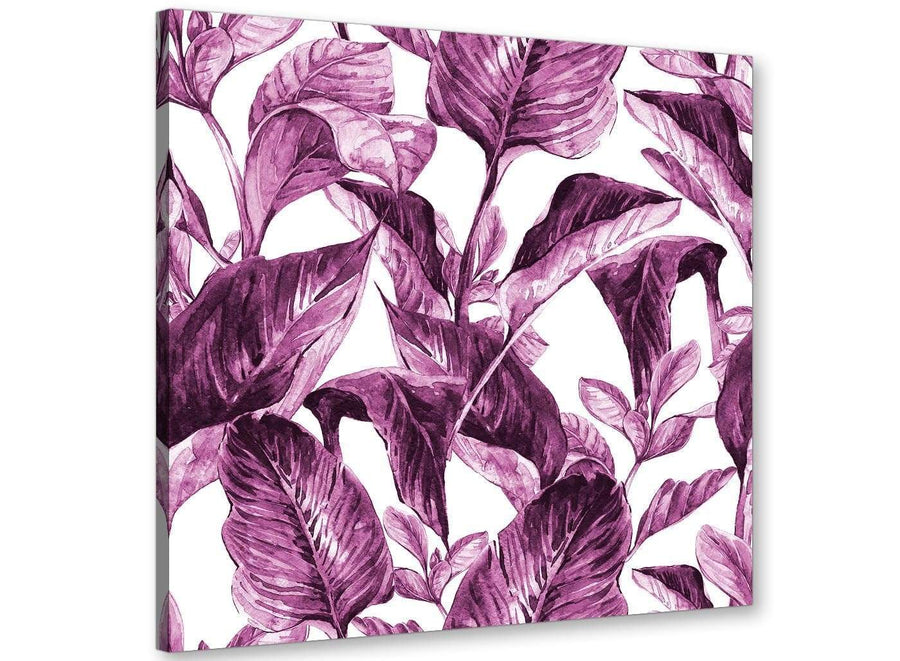 Modern Plum Aubergine White Tropical Leaves Canvas Modern 64cm Square 1S319M For Your Living Room