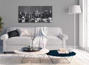 Multiple 3 Panel Landscape Canvas Wall Art New York Hudson River Skyline - 3435 Black White Grey 126cm Set of Prints