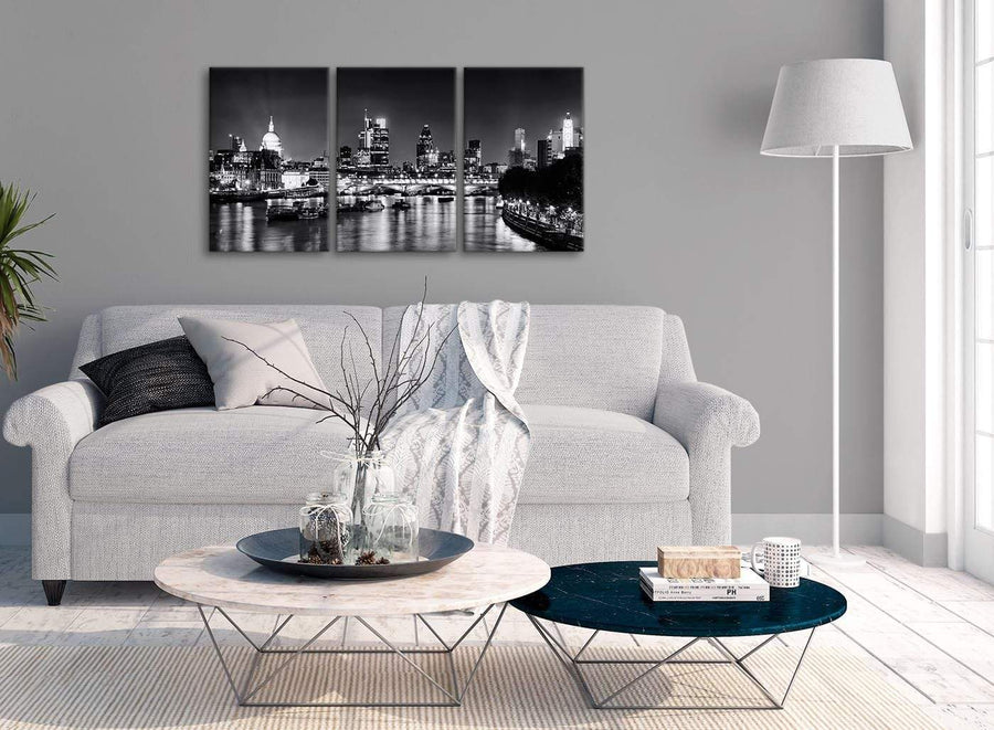 Multiple 3 Piece Landscape Canvas Wall Art River Thames Skyline of London - 3430 Black White Grey 126cm Set of Prints