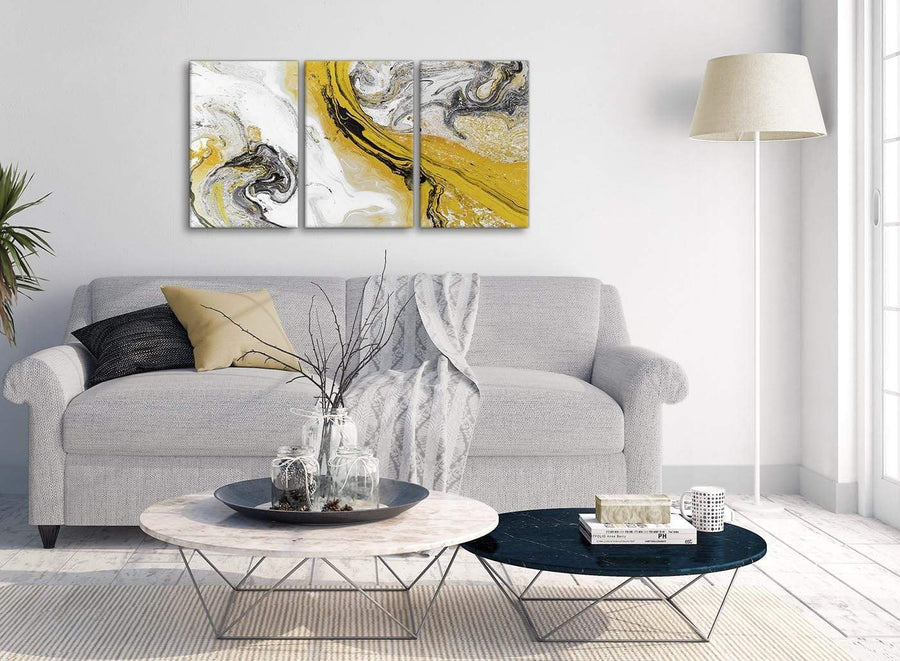Multiple 3 Piece Mustard Yellow and Grey Swirl Dining Room Canvas Pictures Accessories - Abstract 3462 - 126cm Set of Prints