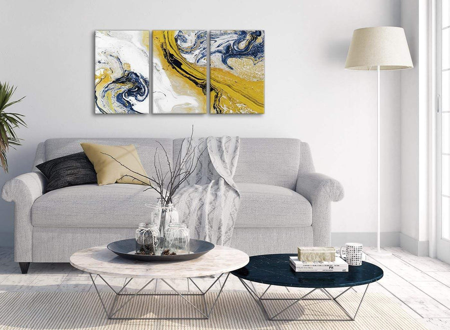 Multiple 3 Piece Mustard Yellow and Blue Swirl Living Room Canvas Wall Art Accessories - Abstract 3469 - 126cm Set of Prints