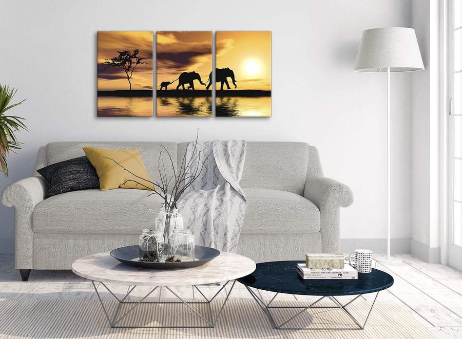 Multiple 3 Piece Animal Canvas Wall Art African Sunset Elephants - 3479 Mustard Yellow 126cm Set of Prints