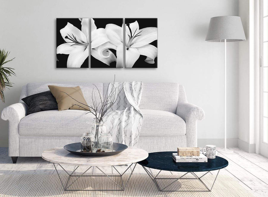 Multiple 3 Panel Black White Lily Flower Kitchen Canvas Pictures Accessories - 3458 - 126cm Set of Prints