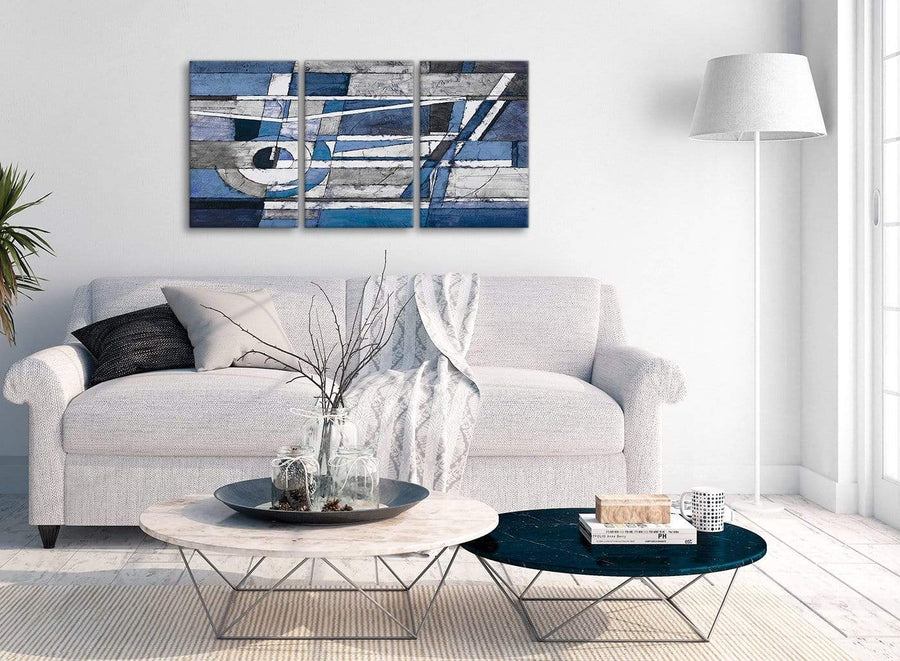 Multiple 3 Piece Indigo Blue White Painting Living Room Canvas Pictures Decor - Abstract 3404 - 126cm Set of Prints