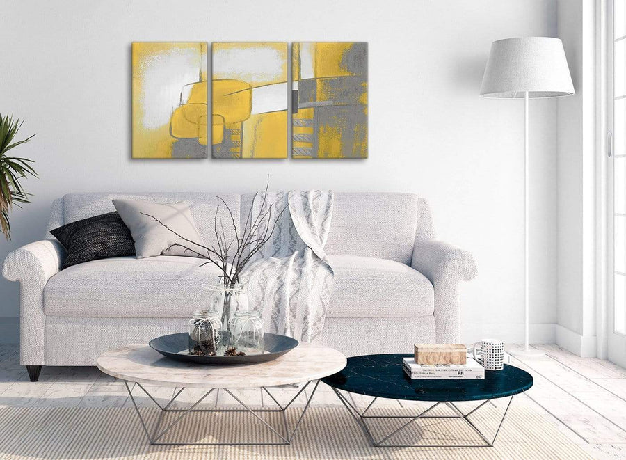 Multiple 3 Piece Mustard Yellow Grey Painting Kitchen Canvas Pictures Decor - Abstract 3419 - 126cm Set of Prints