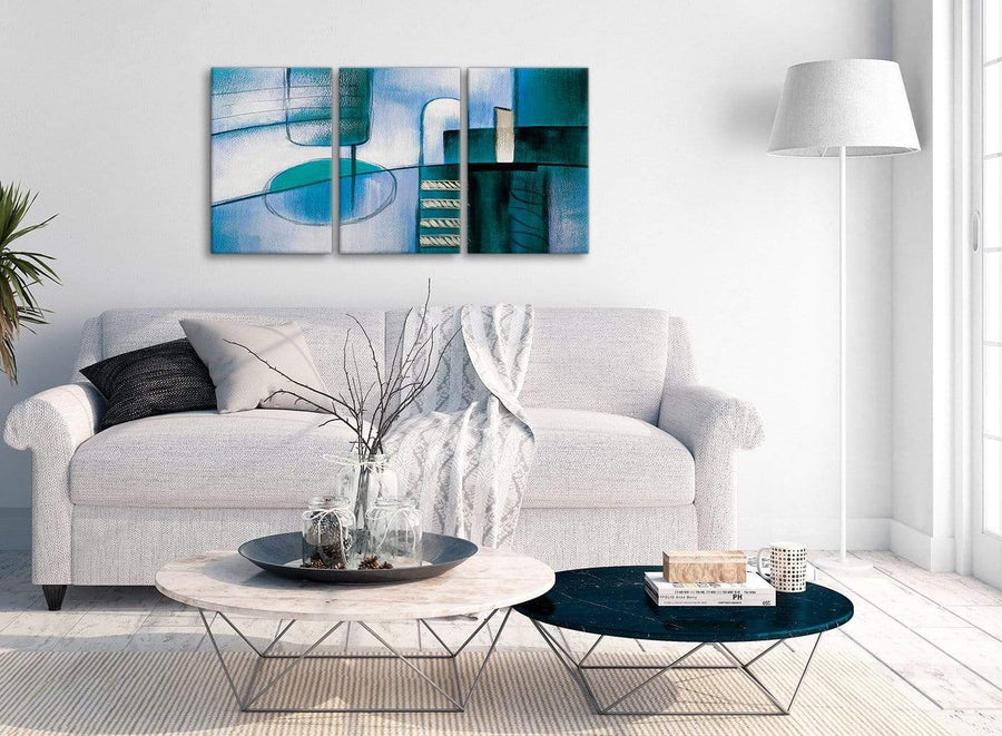 Multiple 3 Panel Teal Cream Painting Kitchen Canvas Wall Art Accessories - Abstract 3417 - 126cm Set of Prints