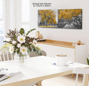 Mustard Grey Black Canvas Wall Art - Trees Leaves Blossom - Set of 2 Pictures