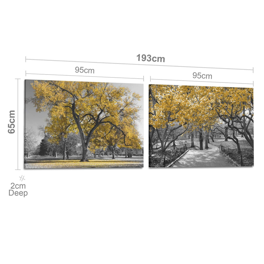 Mustard Grey Black Canvas Wall Art - Trees Leaves Blossom - Set of 2 Pictures