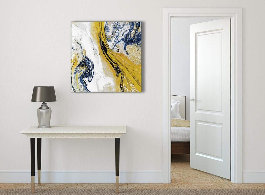 Mustard Yellow and Blue Swirl Abstract Hallway Canvas Wall Art Decor 1s469l - 79cm Square Print