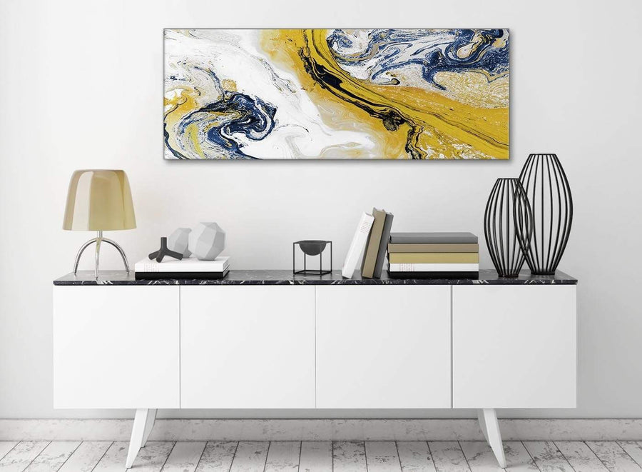 Mustard Yellow and Blue Swirl Living Room Canvas Wall Art Accessories - Abstract 1469 - 120cm Print