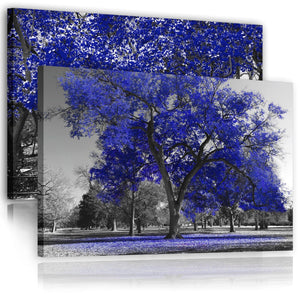 Navy Blue Grey Black Canvas Wall Art - Trees Leaves Blossom - Set of 2 Pictures