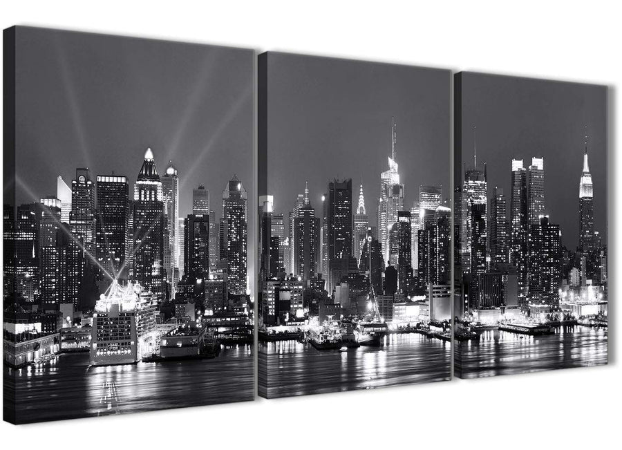 Next Set of 3 Panel Landscape Canvas Wall Art New York Hudson River Skyline - 3435 Black White Grey 126cm Set of Prints