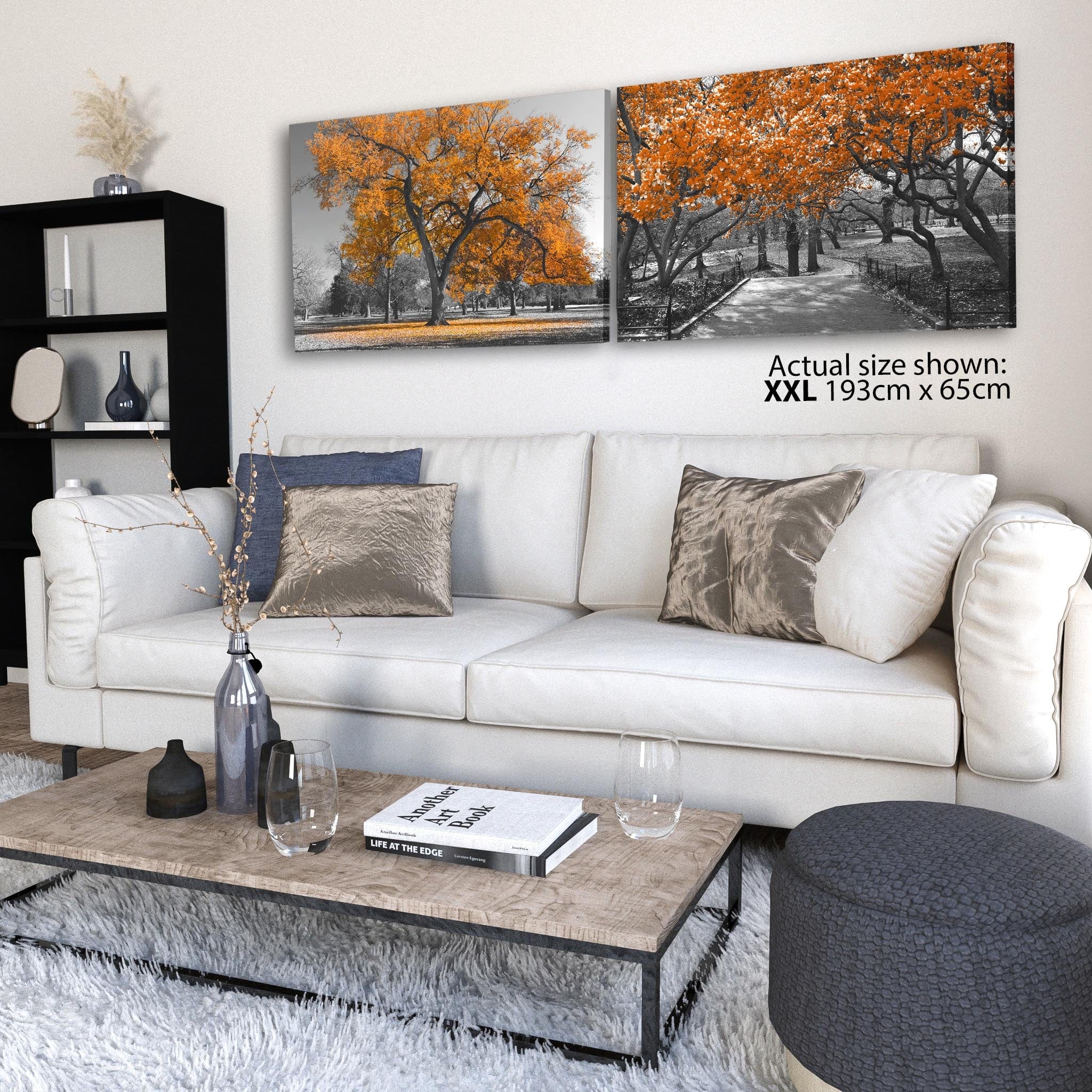 Orange Grey Black Canvas Wall Art Trees Leaves Blossom Set of 2 Pi