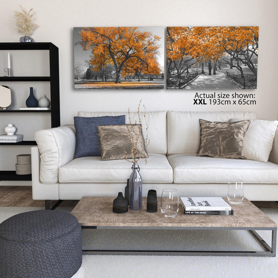 Orange Grey Black Canvas Wall Art - Trees Leaves Blossom - Set of 2 Pictures