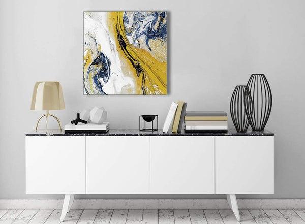 Contemporary Mustard Yellow and Blue Swirl Kitchen Canvas Pictures Decorations - Abstract 1s469m - 64cm Square Print
