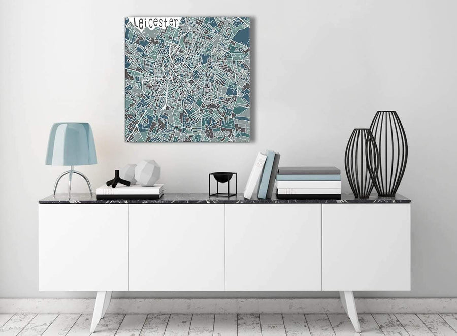 Contemporary Teal Blue Street Map of Leicester - Kitchen Canvas Pictures Decorations - 1s453m - 64cm Square Print
