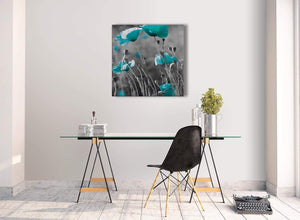 Contemporary Teal Poppy Grey Poppies Flower Floral Hallway Canvas Pictures Decorations - Abstract 1s139m - 64cm Square Print