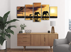 5 Panel Animal Canvas Wall Art Prints - African Sunset Elephants - 5479 Mustard Yellow - 160cm XL Set Artwork