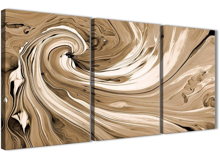 Oversized Brown Cream Swirls Modern Abstract Canvas Wall Art Split 3 Panel 125cm Wide 3349 For Your Dining Room