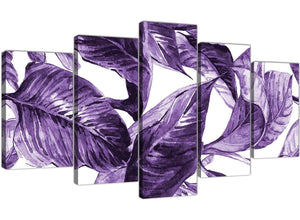 Oversized Extra Large Dark Purple White Tropical Exotic Leaves Canvas Split 5 Set 5322 For Your Dining Room