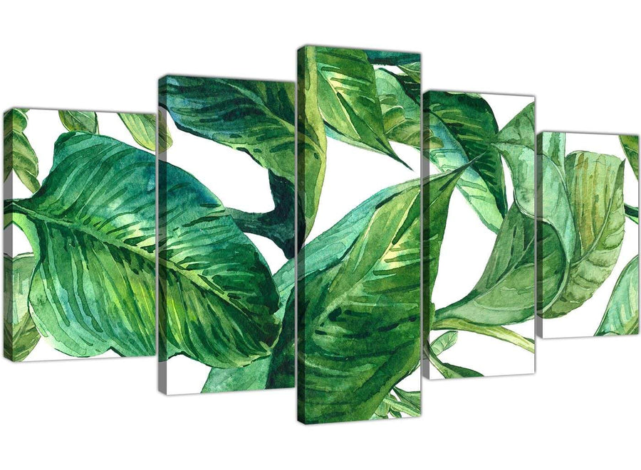 Oversized Extra Large Green Palm Tropical Banana Leaves Canvas Split 5 Panel 5324 For Your Dining Room