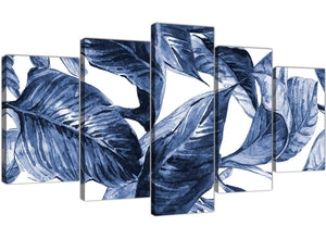 Oversized Extra Large Indigo Navy Blue White Tropical Leaves Canvas Multi 5 Piece 5320 For Your Hallway