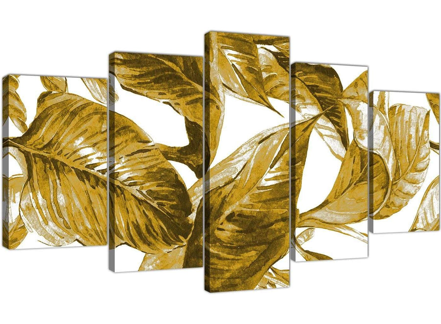 Oversized Extra Large Mustard Yellow White Tropical Leaves Canvas Split 5 Piece 5318 For Your Living Room