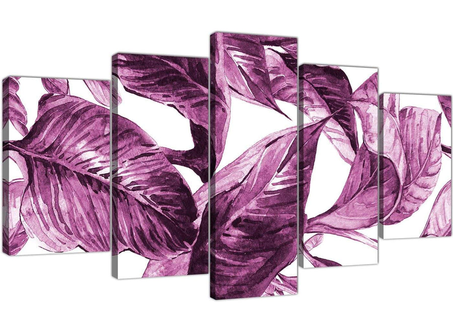 Oversized Extra Large Plum Aubergine White Tropical Leaves Canvas Multi 5 Set 5319 For Your Living Room