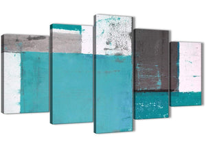 Oversized Extra Large Teal Grey Abstract Painting Canvas Wall Art Split 5 Panel 160cm Wide 5344 For Your Living Room