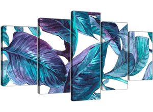 Oversized Extra Large Turquoise And White Tropical Leaves Canvas Split Set Of 5 5323 For Your Kitchen