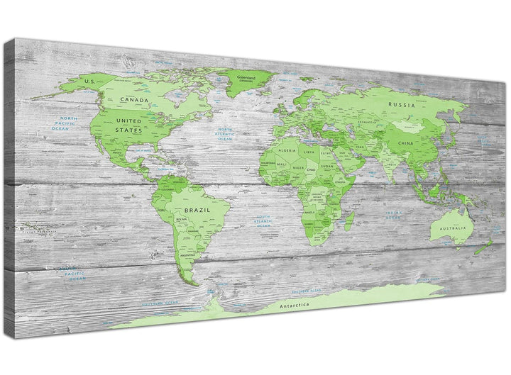 Oversized Green Grey Large Lime Green Grey World Map Atlas Canvas Wall Art Print Maps Canvas Modern 120cm Wide 1301 For Your Study - 1301