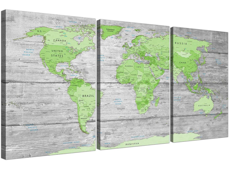 Oversized Green Grey Large Lime Green Grey World Map Atlas Canvas Wall Art Print Maps Canvas Multi 3 Piece 3301 For Your Study