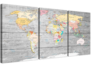 Oversized Grey Large Map Of World Canvas Art Print Colourful Light Grey Maps Canvas Multi 3 Panel 3306 For Your Office