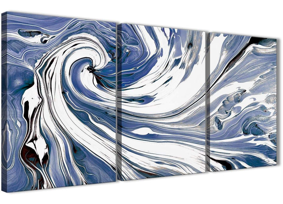 Oversized Indigo Blue White Swirls Modern Abstract Canvas Wall Art Split 3 Piece 125cm Wide 3352 For Your Dining Room