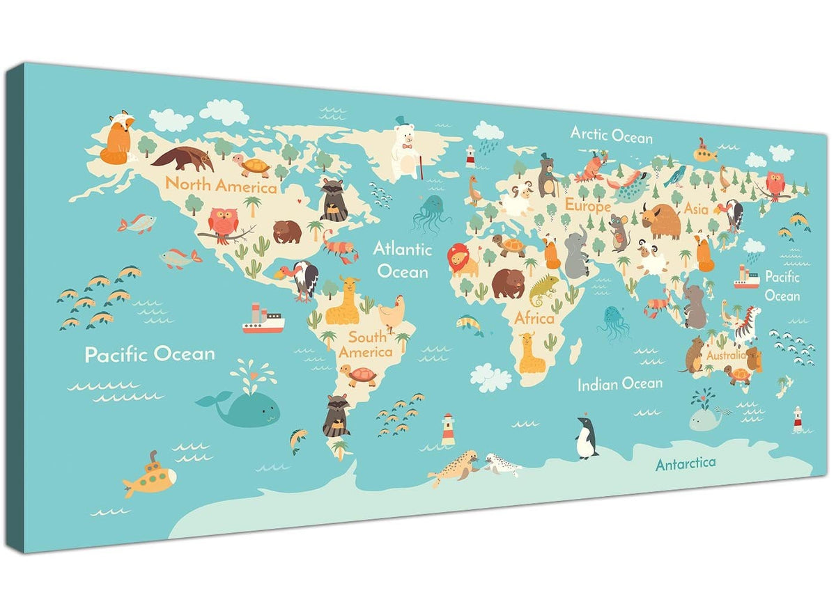 Animal Map of World Atlas Canvas Art for Childrens Nursery - Education ...