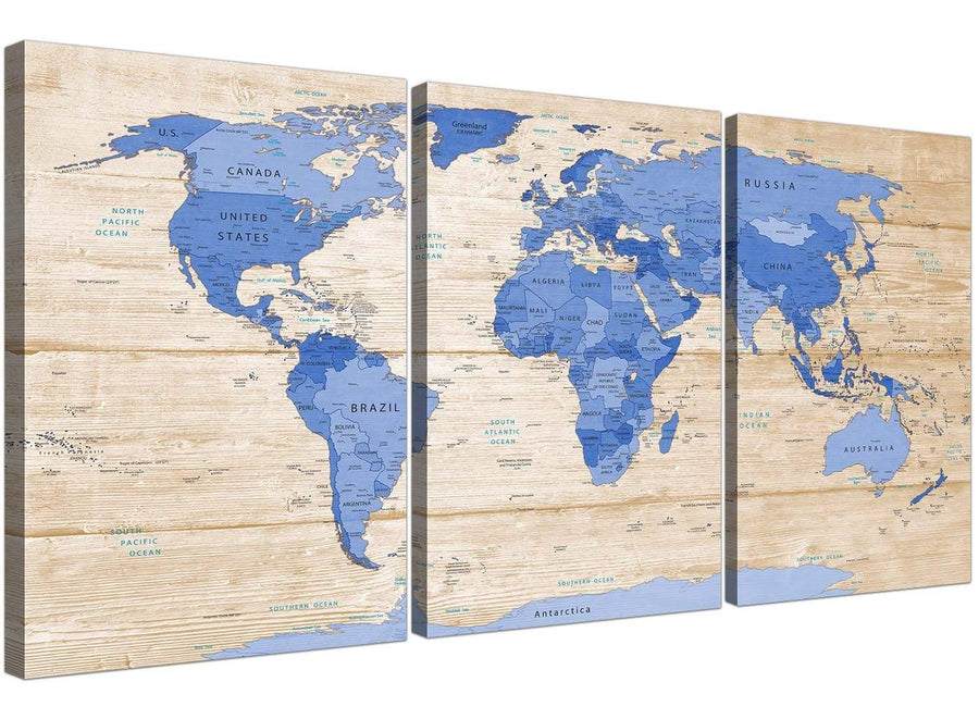 Oversized Large Blue Cream Map Of World Atlas Canvas Multi 3 Piece 3308 For Your Boys Bedroom