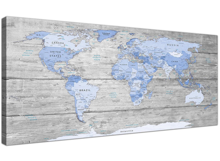 Oversized Large Blue Grey Map Of World Atlas Maps Canvas Modern 120cm Wide 1303 For Your Study - 3303