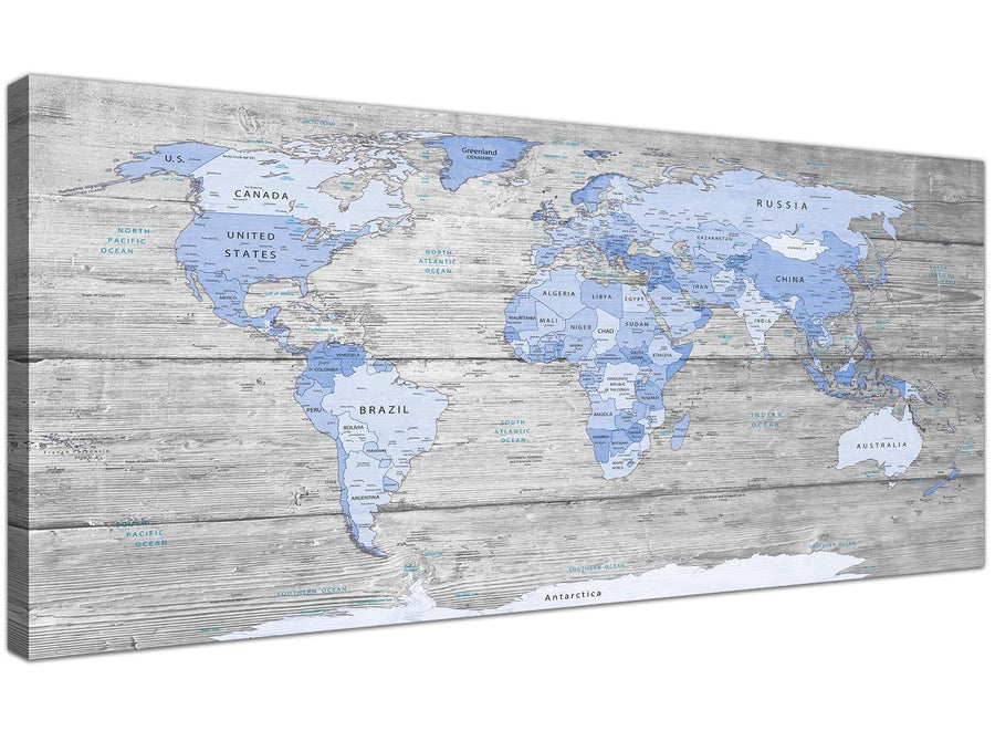 Oversized Large Blue Grey Map Of World Atlas Maps Canvas Modern 120cm Wide 1303 For Your Study